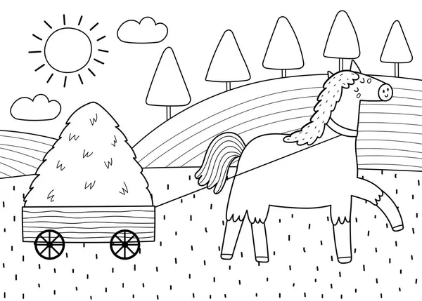 Cute Horse Pulling Cart Hay Stack Green Meadow Print Black — Stock Vector