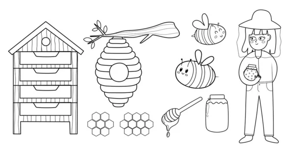 Zwart Witte Bijen Honingelementen Ingesteld Bijenhouder Meisje Met Een Pot — Stockvector