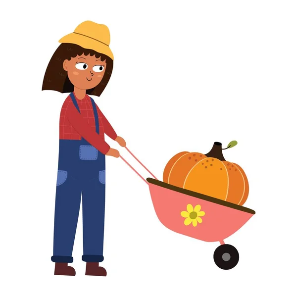 Jolie Fille Portant Une Citrouille Dans Chariot Jeune Agriculteur Style — Image vectorielle
