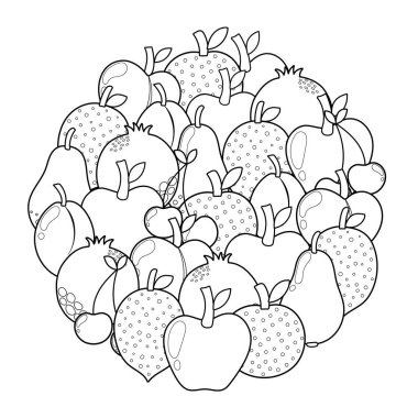 Doodle meyve çemberi şekil boyama sayfası. Elmalı mandala, limon, portakal, boyama kitabı için armut. Sağlıklı yemek geçmişi. Vektör illüstrasyonu