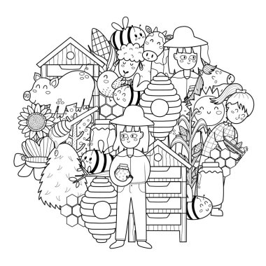 Arı ve arıcı daire şekil boyama sayfası. Boyama kitabı için çiftlik karakterleri olan Doodle Mandala. Özet geç. Vektör illüstrasyonu