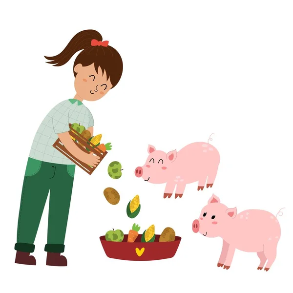 Chica Comida Los Cerdos Agricultor Alimenta Los Animales Personajes Granja — Vector de stock