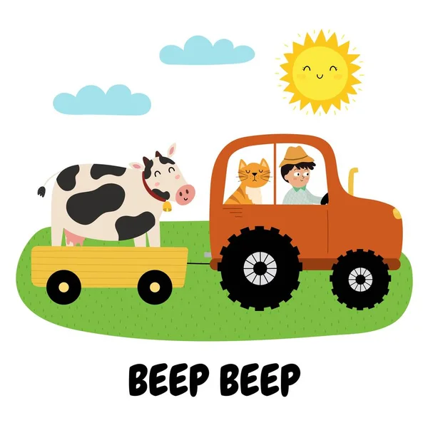Bip Bip Imprimé Avec Mignon Garçon Chat Sur Tracteur Transportant — Image vectorielle