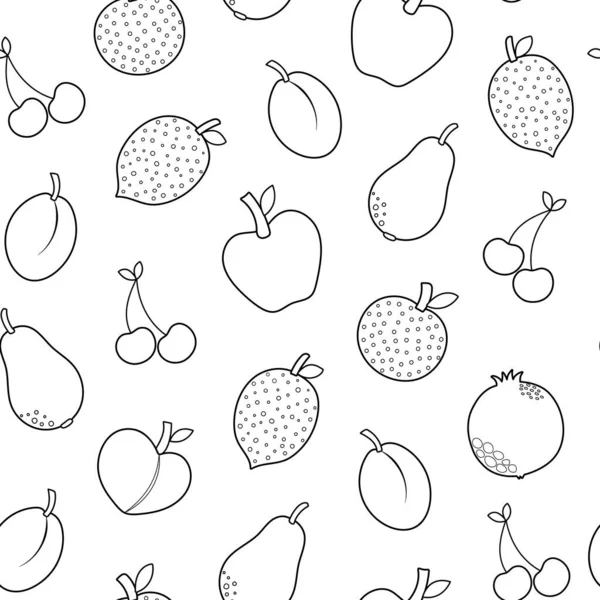 Frutas Frescas Preto Branco Sem Costura Padrão Estilo Cartoon Fundo — Vetor de Stock