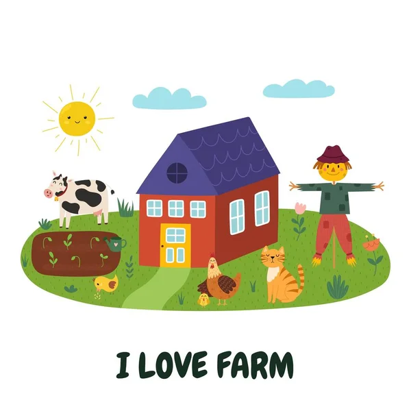 Love Farm Print Avec Mignon Épouvantail Vache Poule Chat Ferme — Image vectorielle