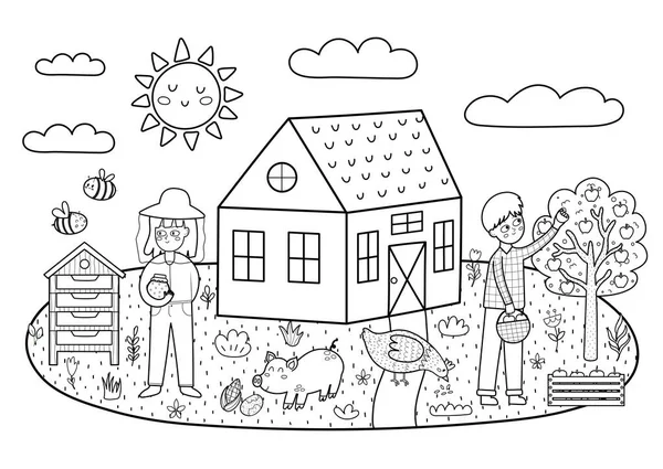 Pemandangan Pertanian Hitam Dan Putih Dalam Gaya Kartun Dengan Rumah - Stok Vektor