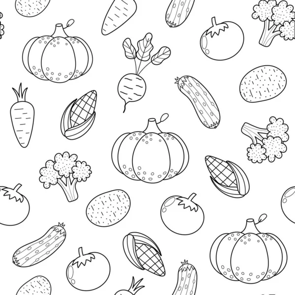 新鲜蔬菜 黑白无缝图案 卡通风格 适用于南瓜 西兰花 胡萝卜等色泽的健康食品涂鸦背景 矢量说明 — 图库矢量图片