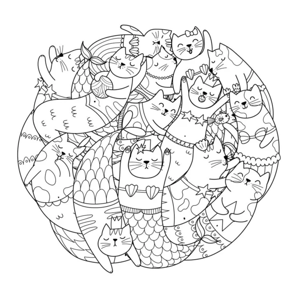 Aranyos Sellő Macskák Kör Alakú Színező Oldal Doodle Mandala Vicces — Stock Vector
