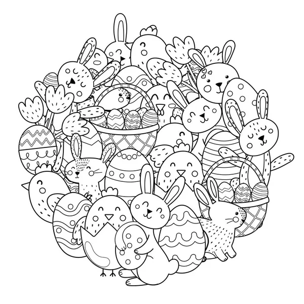 Cute Easter Bunnies Chicks Circle Shape Coloring Page Doodle Mandala — Stock Vector