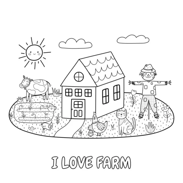 Love Farm Noir Blanc Imprimé Avec Mignon Épouvantail Vache Poule — Image vectorielle