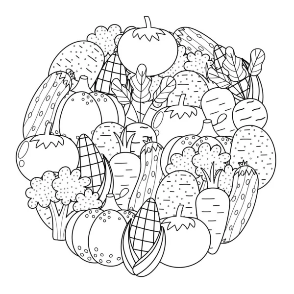 新鲜蔬菜圆形图案为彩色书籍 涂鸦健康食品曼陀罗着色页 黑色和白色印刷与玉米 西红柿 西兰花等 矢量说明 — 图库矢量图片