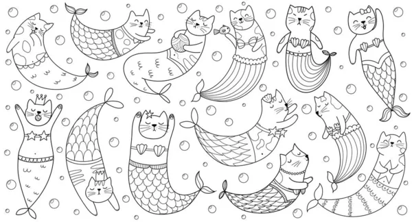 ぬり絵のためのかわいい人魚猫黒と白のコレクション ページを着色するために設定された海の下で面白い猫の文字 ベクターイラスト — ストックベクタ