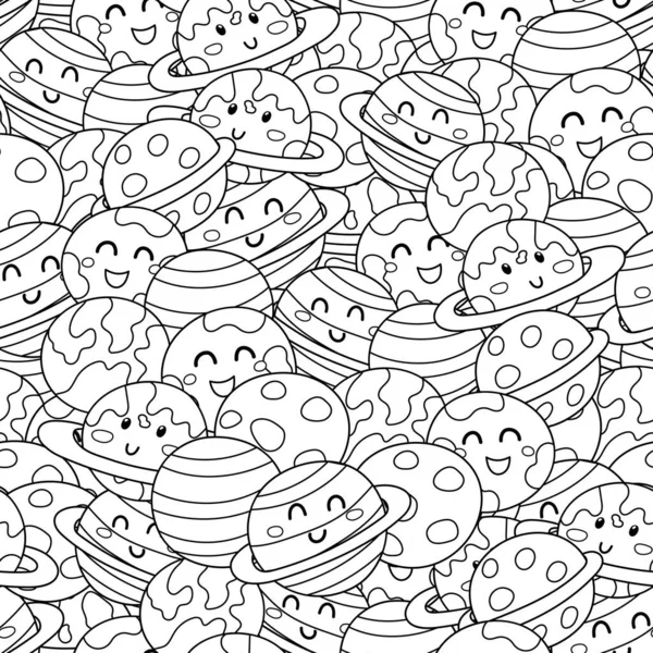 Cute Planets Black White Seamless Pattern Solar System Planets Coloring — Stock Vector