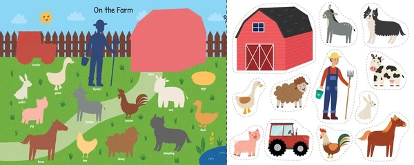 Farmě Řezání Lepidlo Hra Roztomilými Zvířaty Jejich Jména Stránka Vzdělávací — Stockový vektor
