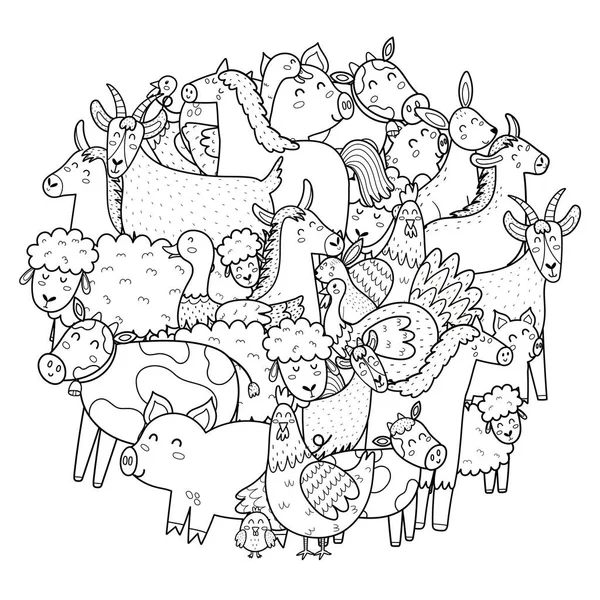 Lindos Animales Granja Círculo Forma Para Colorear Página Doodle Mandala — Vector de stock