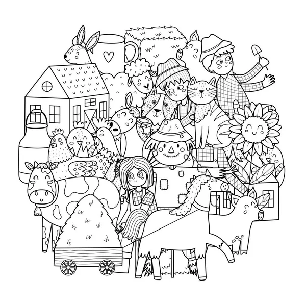 かわいいファームキャラクターサークルの形の着色ページ 着色本のための動物や農家との落書き曼荼羅 概要背景 ベクターイラスト — ストックベクタ