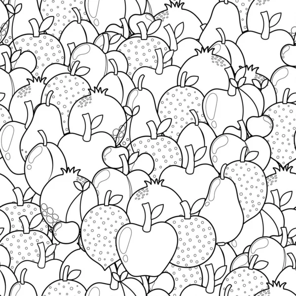 Плоды Каракули Черно Белый Бесшовный Узор Окраска Страницы Яблоком Лимоном — стоковый вектор
