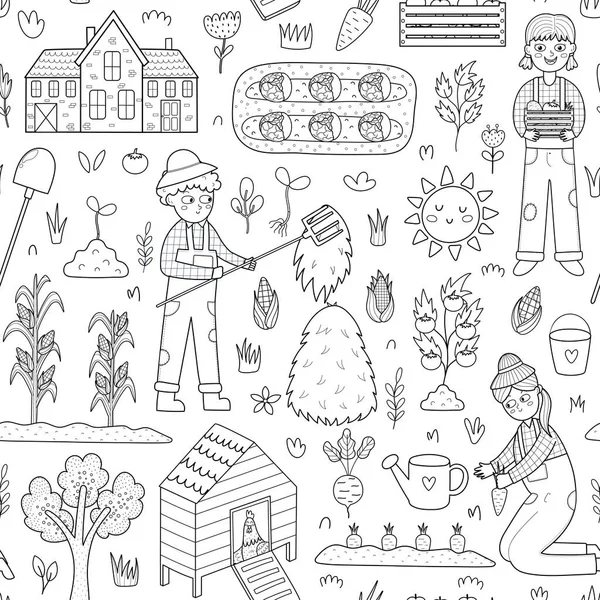 黑色和白色农场无缝图案与可爱的字符 孩子们收割和做园艺工作 乡村背景的彩色页面 矢量说明 — 图库矢量图片