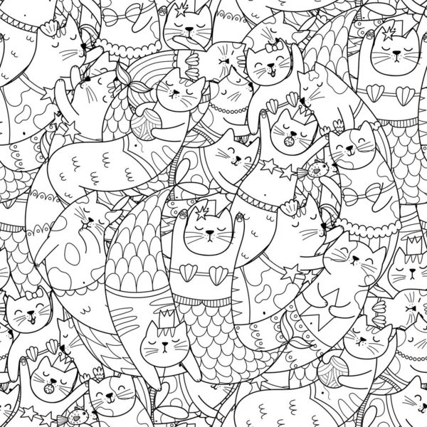 Mořská Panna Kočky Černé Bílé Bezešvé Vzor Zbarvení Stránky Roztomilými — Stockový vektor