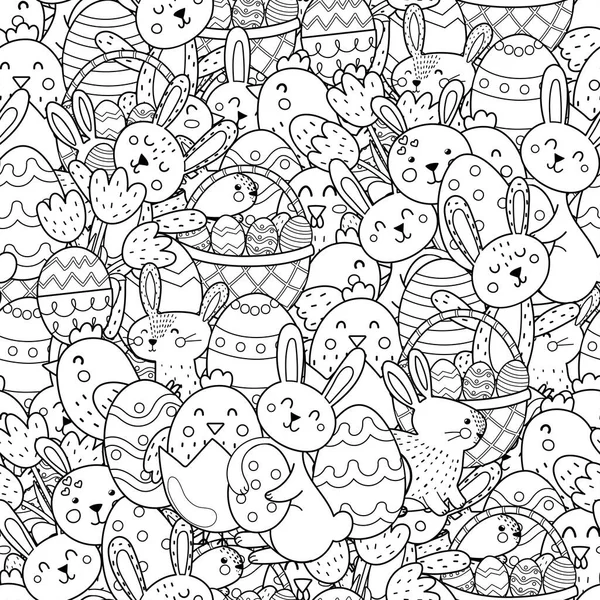 stock vector Cute Easter bunnies and chicks black and white seamless pattern. Doodle print with funny characters for coloring book. Easter coloring page. Vector illustration