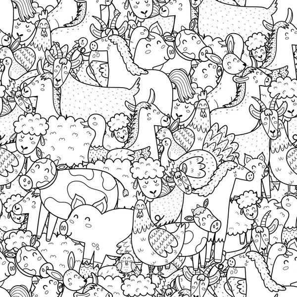 Farm Állatok Fekete Fehér Zökkenőmentes Minta Kifestőkönyv Doodle Print Vicces — Stock Vector