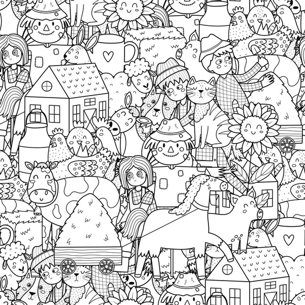Doodle Χαρακτήρες Αγρόκτημα Αδιάλειπτη Μοτίβο Χαριτωμένο Χρωματισμό Σελίδα Ζώα Και — Διανυσματικό Αρχείο