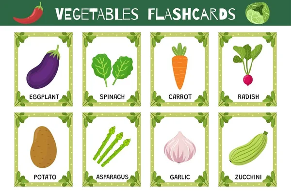 Conjunto Flashcards Vegetais Coleção Cartões Flash Para Praticar Habilidades Leitura Gráficos De Vetores