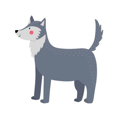 Ayakta duran sevimli bir kurt. Çocuk tasarımı için çizgi film tarzında orman karakteri. Beyaz arka planda izole edilmiş orman hayvanı. Vektör illüstrasyonu