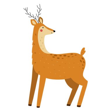 Çizgi film tarzında şirin bir geyik. Çocuk tasarımı için orman karakteri. Beyaz arka planda izole edilmiş orman hayvanı. Vektör illüstrasyonu