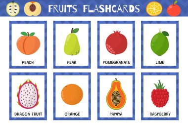 Fruits bilgi kartları hazır. Okuma becerileri için flaş kart koleksiyonu. Okul ve anaokulu için yemek sözcüklerini öğren. Şeftali, armut, papaya ve daha fazlası. Vektör illüstrasyonu