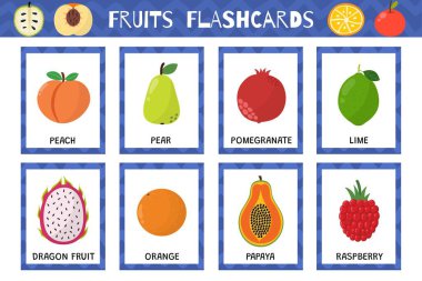 Fruits flashcards set. Flash cards collection for practicing reading skills. Learn food vocabulary for school and preschool. Peach, pear, papaya and more. Vector illustration clipart