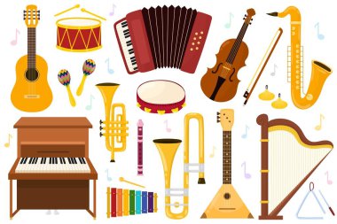 Müzik aletleri ayarlandı. Çizgi film tarzında karalama müzik öğeleri olan koleksiyon. Vektör illüstrasyonu
