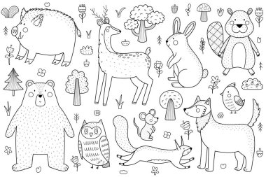 Siyah beyaz sevimli orman hayvanları. Çocuklar ve bebek tasarımı için özet oluşturulmuş Woodland karakterleri koleksiyonu. Boyama sayfası için harika. Vektör illüstrasyonu