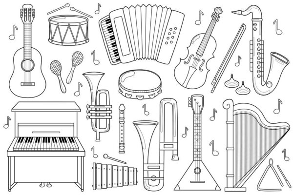 Musical instruments black and white set. Collection with doodle music elements in outline. Great for coloring page. Vector illustration
