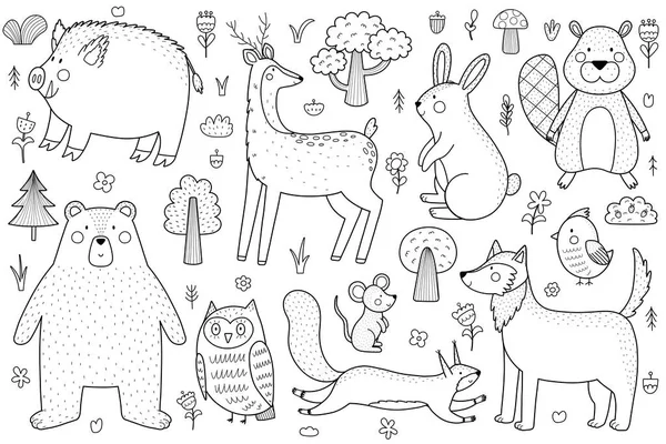 Niedliche Waldtiere Schwarz Weiß Set Woodland Charaktere Sammlung Umrissen Für Stockillustration