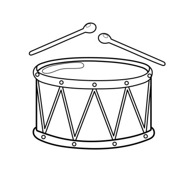 Çubuklu siyah beyaz davul. Renklendirme sayfası için ana hatlı müzik aleti. Vektör illüstrasyonu