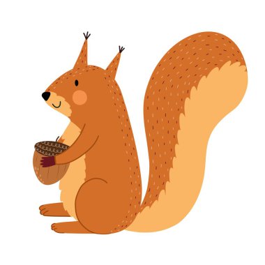 Beyaz arka planda yalnız başına oturan meşe palamudu gibi tatlı bir sincap. Çocuk tasarımı için çizgi film tarzında orman karakteri. Turuncu orman hayvanı. Vektör illüstrasyonu