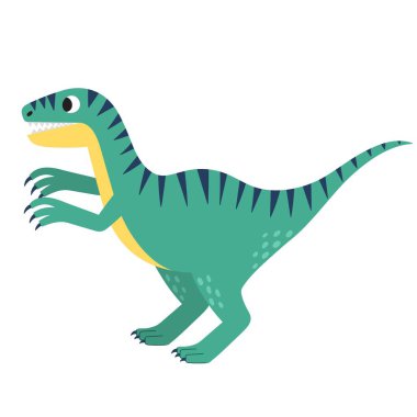 Çizgi film tarzında izole edilmiş şirin velociraptor. Jurassic dönemi çocuk tasarımı için komik bir dinozor. Tarih öncesi dinazor klibi. Vektör illüstrasyonu 
