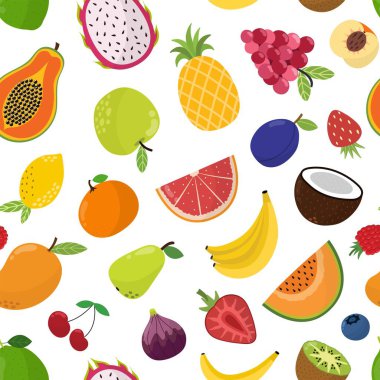 Çizgi film tarzında taze meyveler. Elma, muz, mandalina, ananas arkaplan. Kumaş ve tekstil için yiyecek baskısı. Vektör illüstrasyonu