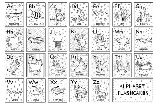 Alphabet Schwarz Weiß Karteikarten Sammlung Mit Niedlichen Tieren Abc Flash lizenzfreie Stockvektoren