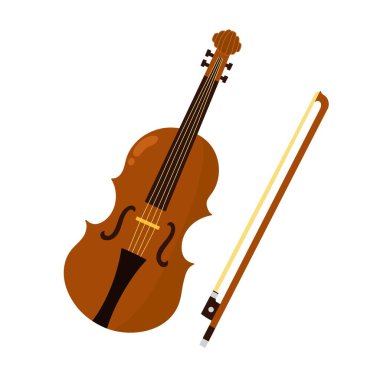 Beyaz arka planda izole edilmiş çizgi film tarzında keman. String müzik aleti düz bir şekilde yükseliyor. Vektör illüstrasyonu