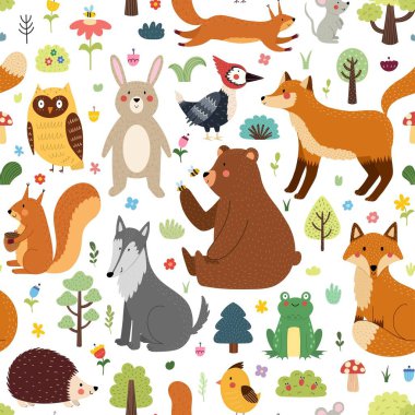 Tatlı orman hayvanları kusursuz desenli. Çocuklar için çizgi film tarzındaki Woodland karakterleri. Tilki, ayı, kurt, tavşan ve diğerleri. Vektör illüstrasyonu