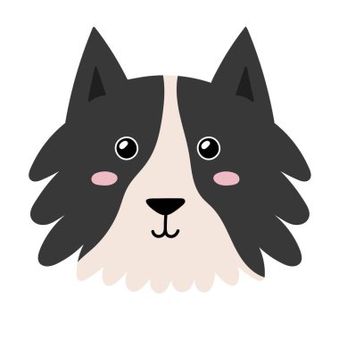 Çizgi film tarzında şirin bir köpek suratı. Bebek ve çocuk tasarımı için çoban köpeği karakteri. Komik gülümseyen hayvan izi. Vektör illüstrasyonu