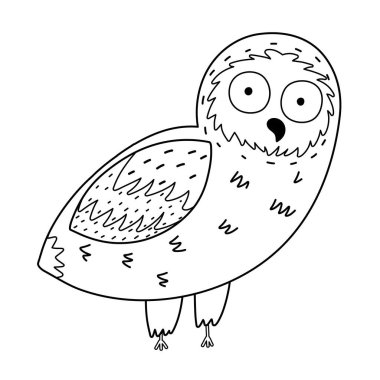 Çizgi film tarzında siyah-beyaz baykuş karakteri çizilmiş. Renklendirmek için ana hatlarıyla izole edilmiş komik bir kuş. Çocuklar ve çocuk odası tasarımı için Doodle baykuşu baskısı. Vektör illüstrasyonu
