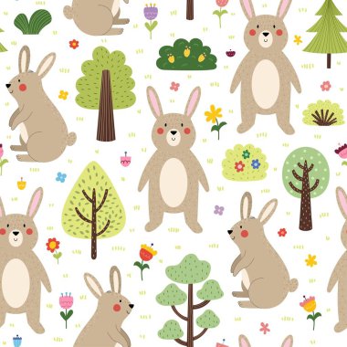 Ormanda dikişsiz şekilli şirin bir tavşan. Çizgi film tarzında komik orman karakteri. Çocuklar için orman hayvanı geçmişi. Vektör illüstrasyonu