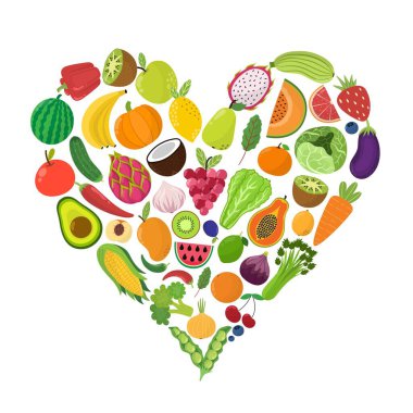 Meyve ve sebze kalbi beyaz arka planda izole edilmiş. Sağlıklı gıda ve beslenme konsepti. Biber, domates, çilek, havuç ve daha fazlası. Vektör illüstrasyonu