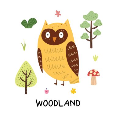 Sevimli bir baykuşla Woodland baskısı. Çizgi film stili çocuklar için komik orman karakteri baskısı. Küçük baykuş kartı. Vektör illüstrasyonu