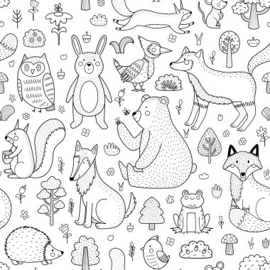 Şirin orman hayvanları siyah beyaz desenli. Woodland karakterleri çocuklar için özgeçmiş oluşturur. Tilki, ayı, kurt, tavşan ve diğerleri. Vektör illüstrasyonu