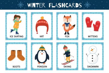 Çocuklar için kış kartları koleksiyonu. Okul ve anaokulu için içinde sevimli karakterler olan flaş kartlar. Çocuklar için aktivite okumayı öğrenmek. Vektör illüstrasyonu