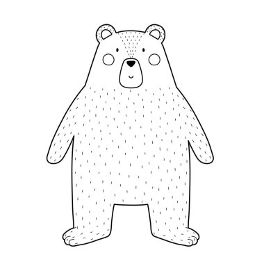 Çocuk tasarımı için siyah beyaz tatlı bir ayı. Çizgi film tarzında bir orman karakteri. Boz ayı yavrusu. Vektör illüstrasyonu